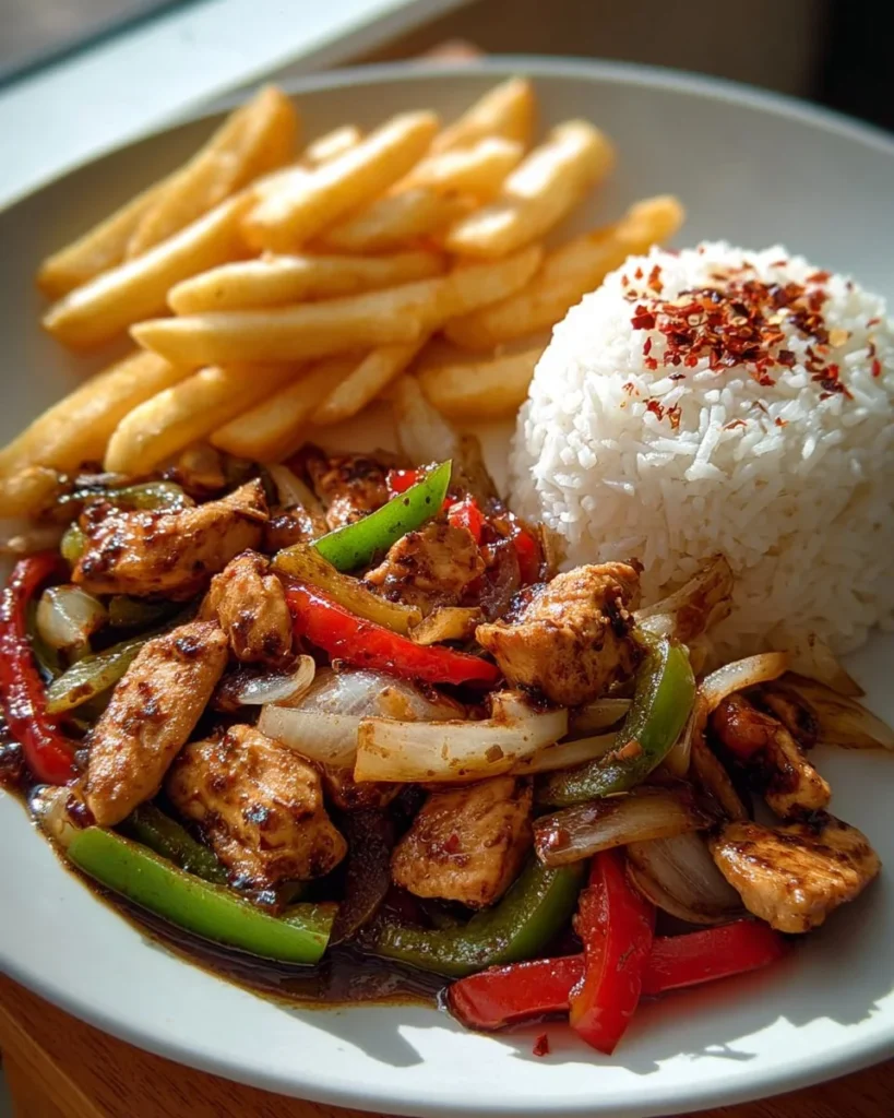 Spicy Chicken Stir-Fry served with rice and crispy fries on a plate