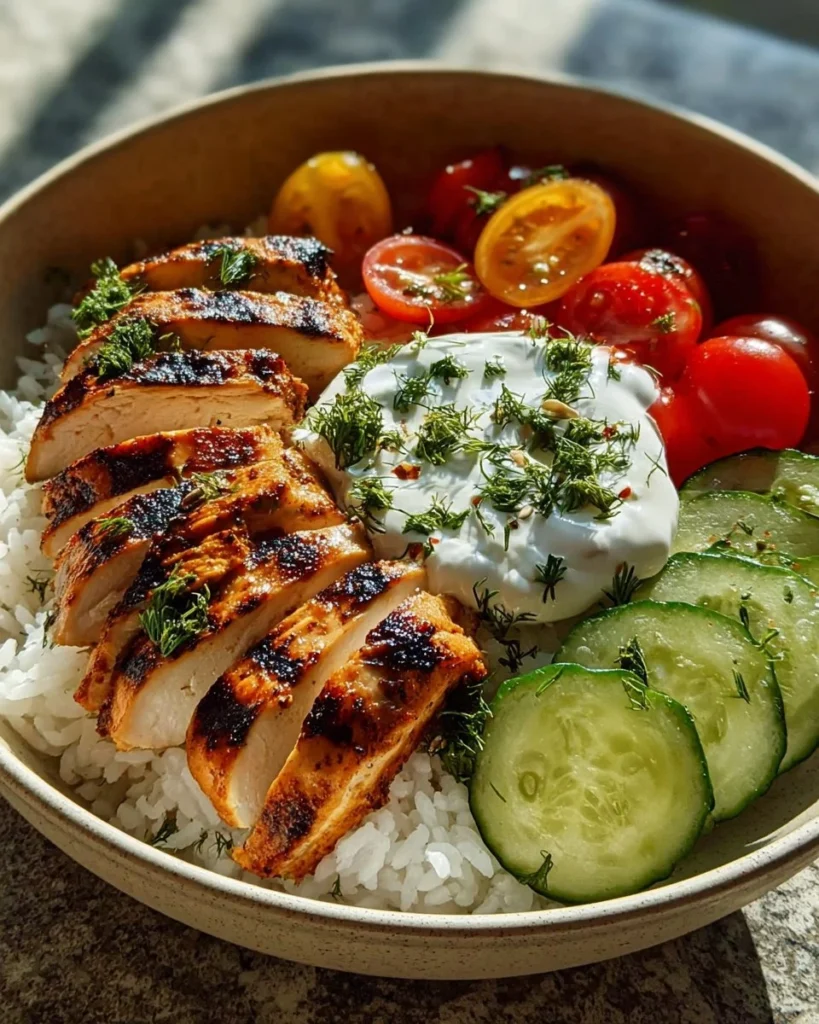 Spicy Chicken Tzatziki Bowl with tender chicken and zesty sauce