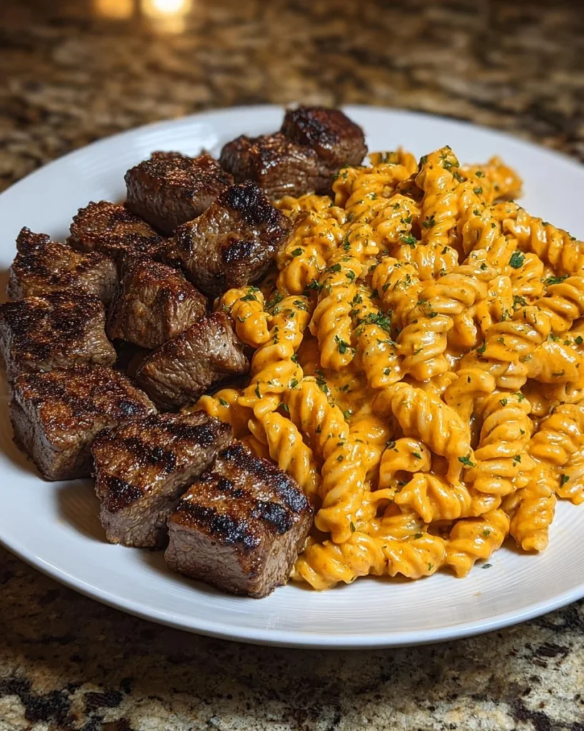 Spicy garlic butter steak served with cheddar cream rotini pasta