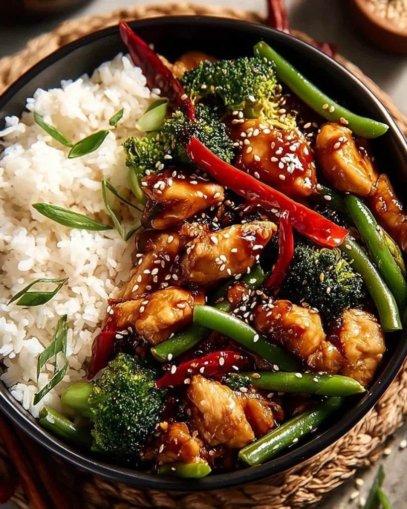Delicious Spicy Garlic Chicken Stir-Fry Bowl with colorful vegetables