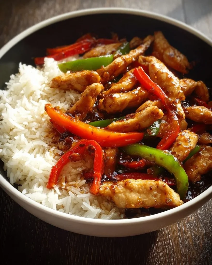 Spicy Garlic Chicken Stir-Fry served with steamed rice on a plate