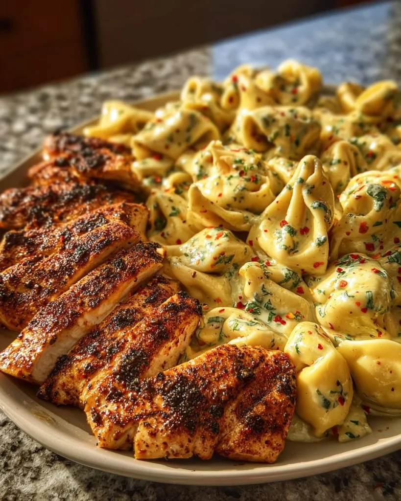 Spicy garlic chicken tortellini served in a creamy Alfredo sauce