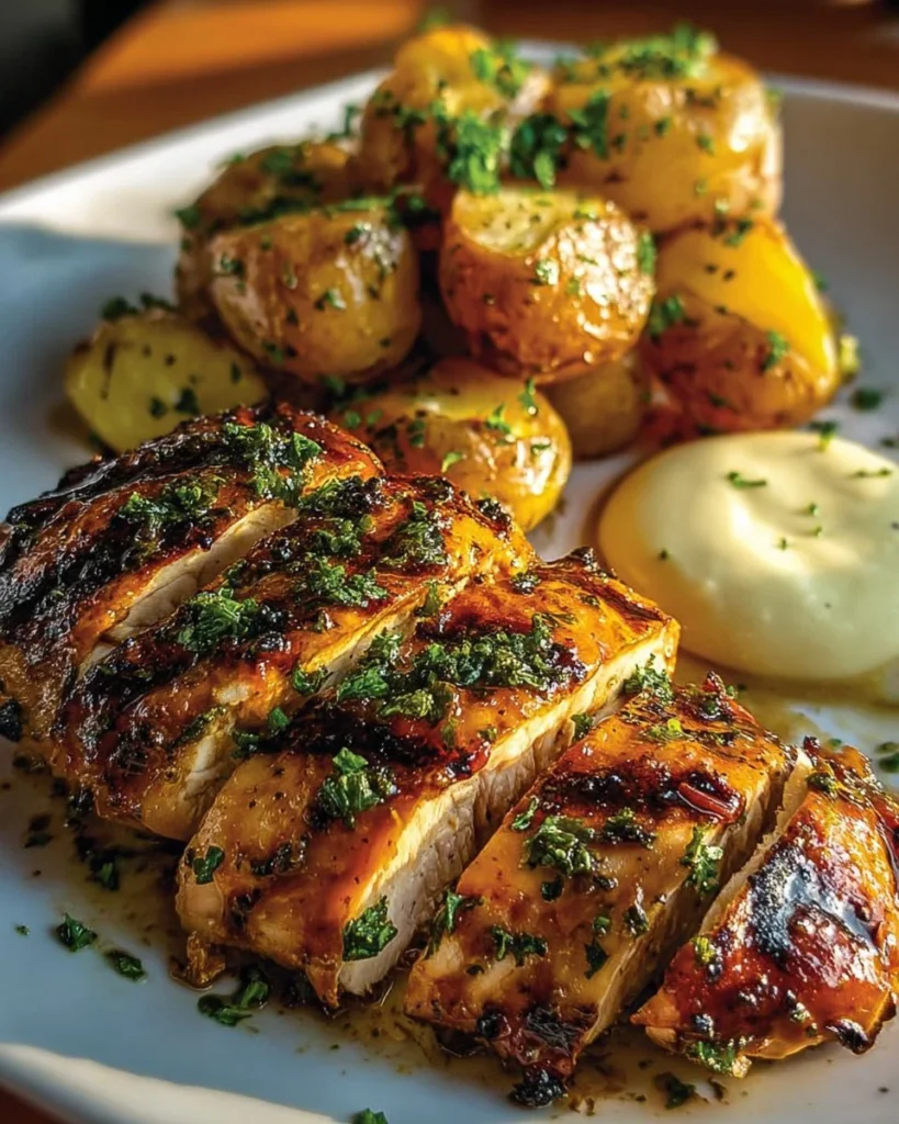Plate of spicy Greek chicken with hot honey whipped feta and crispy potatoes