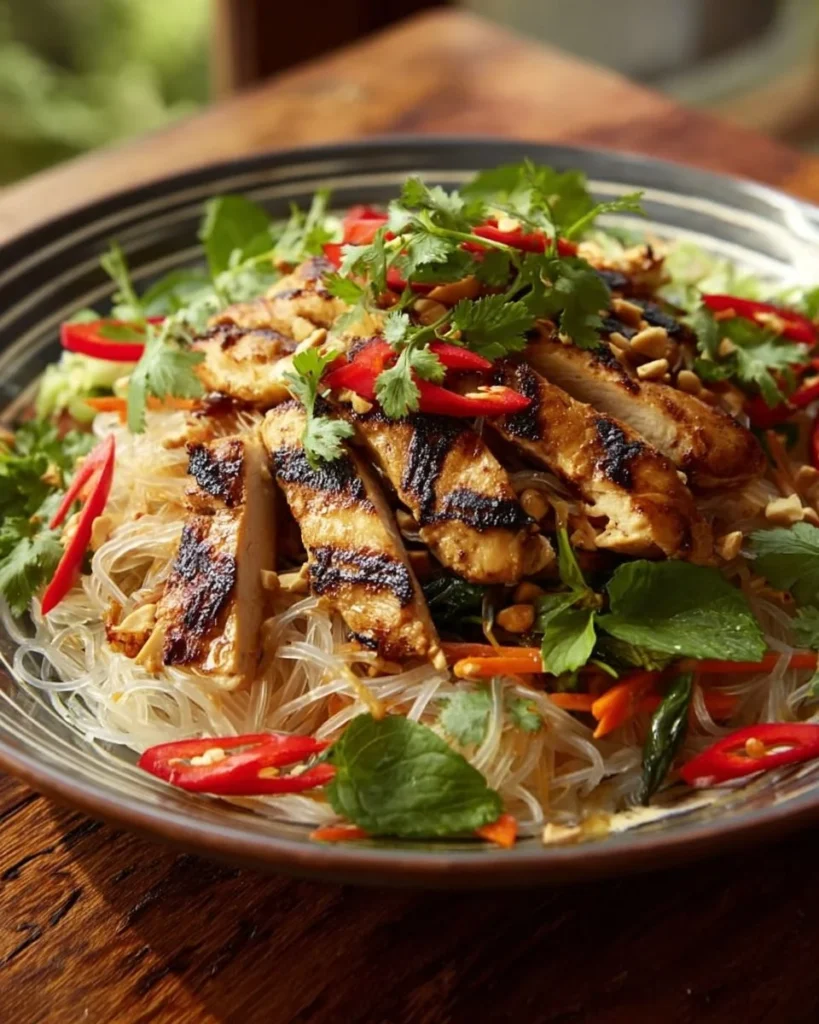 Spicy grilled chicken rice noodle salad with fresh vegetables and vibrant dressing.