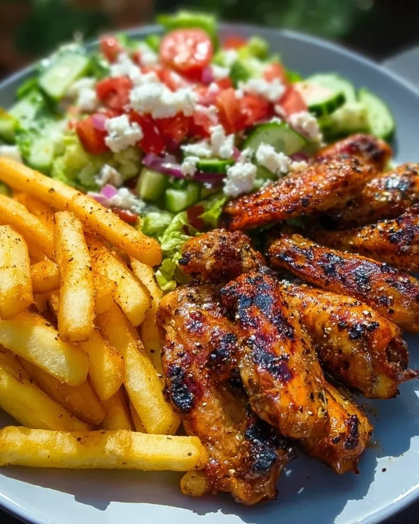 Plate of spicy grilled chicken wings served with fries and Greek salad