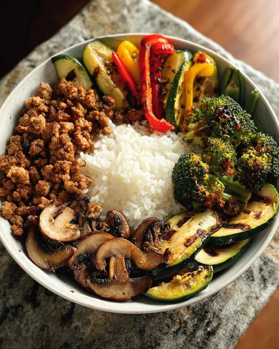 Spicy Ground Turkey Veggie Bowl with colorful vegetables and garnishes