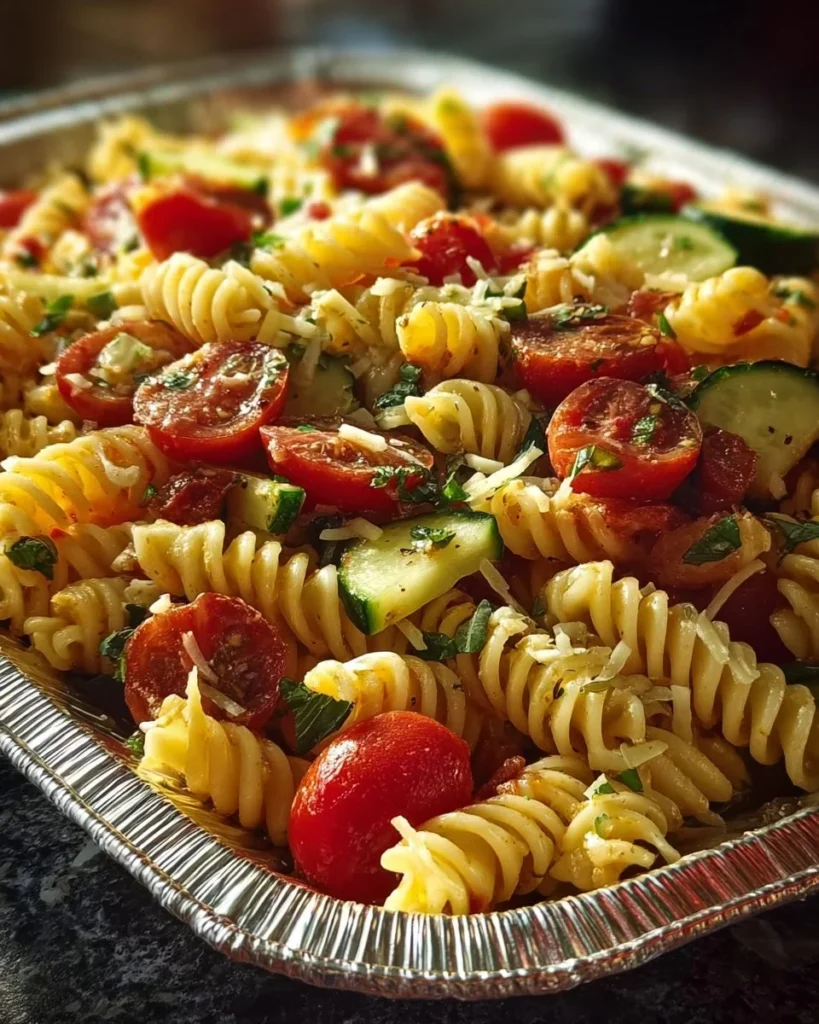 Spicy Italian Fusilli Salad featuring colorful vegetables and flavor-packed dressing