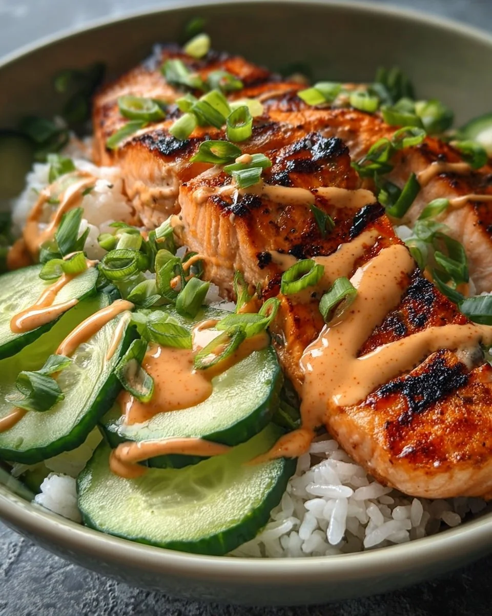 Spicy salmon rice bowl topped with fresh vegetables and drizzled with sauce