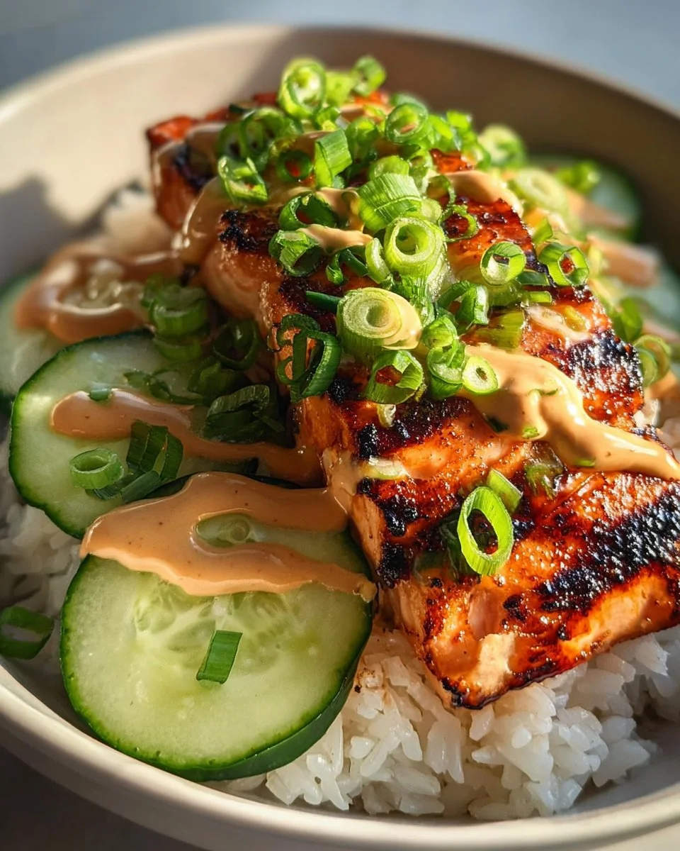 Delicious Spicy Salmon Rice Bowl topped with fresh ingredients and garnishes