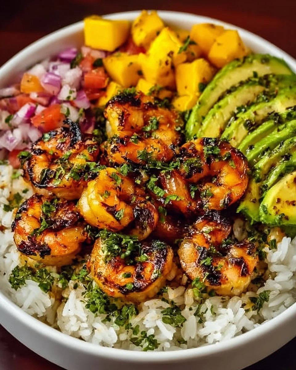 Spicy shrimp rice bowls topped with avocado and mango salsa with lime-chili drizzle