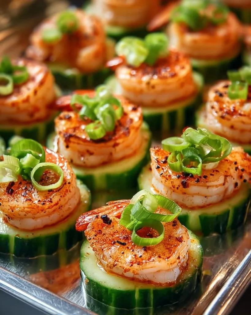 Spicy Shrimp Cucumber Bites served on a platter