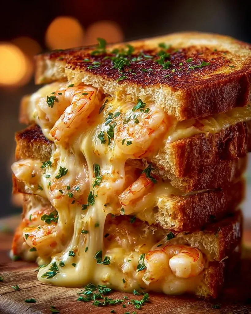 Spicy shrimp grilled cheese sandwich with melted cheese and herbs