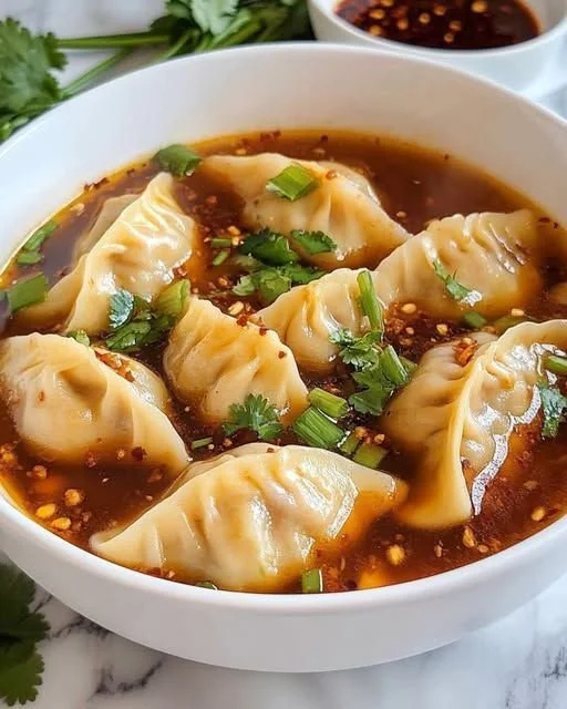 Bowl of Spicy Sichuan Wonton Soup with vibrant ingredients and garnish