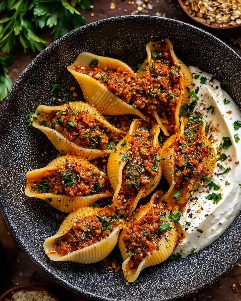 Spicy unstuffed shells with whipped ricotta served in a bowl