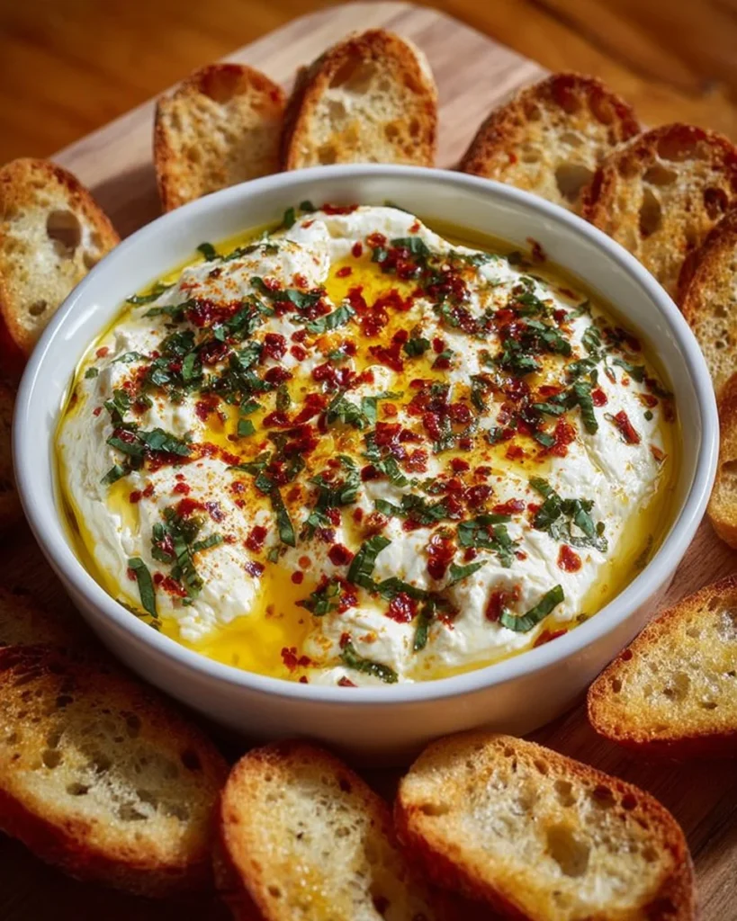 Bowl of spicy whipped feta drizzled with honey and topped with chili crunch.