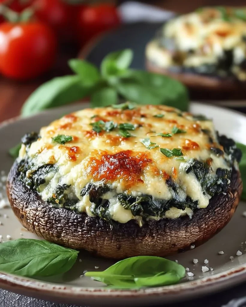 Delicious Spinach and Cheese Stuffed Portobello Mushroom served on a plate