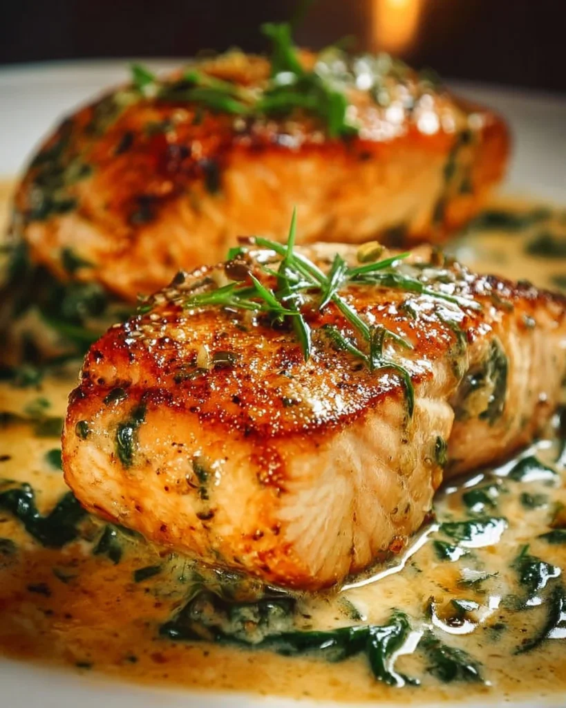 Delicious spinach and crab stuffed salmon drizzled with lemon cream sauce
