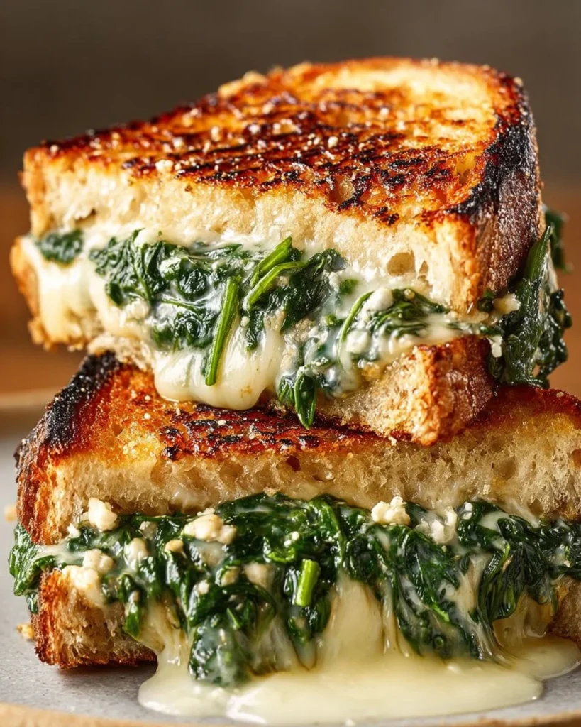 Delicious spinach and feta grilled cheese sandwich on a plate