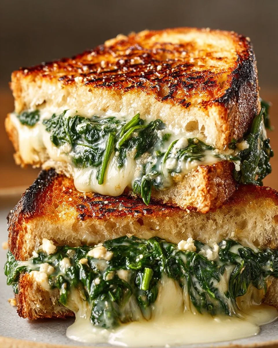 Delicious spinach and feta grilled cheese sandwich on a plate