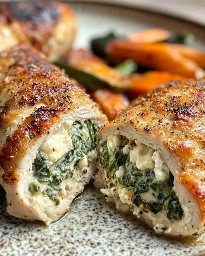 Delicious spinach and feta stuffed chicken on a white plate
