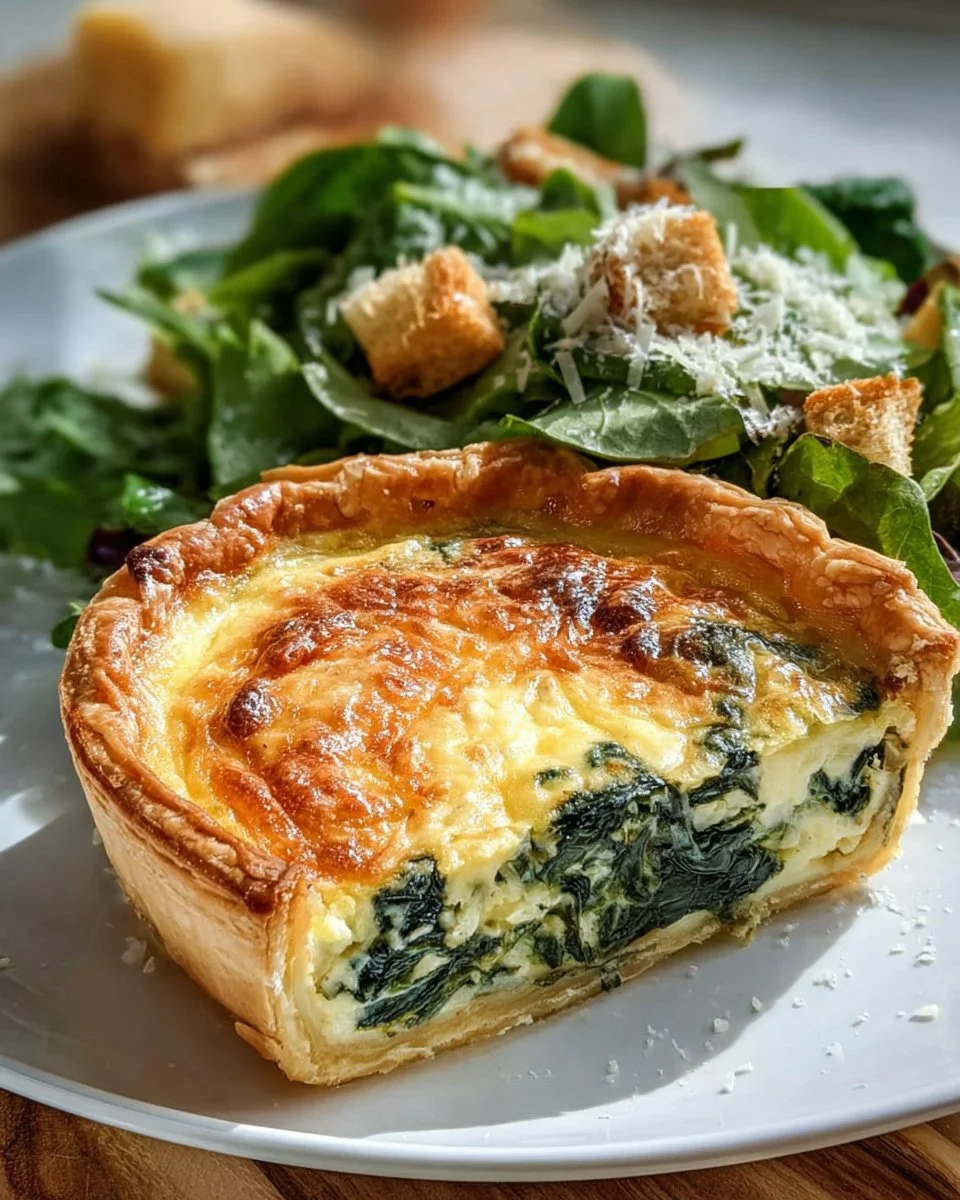 Spinach Feta Tart on a plate, garnished with herbs.