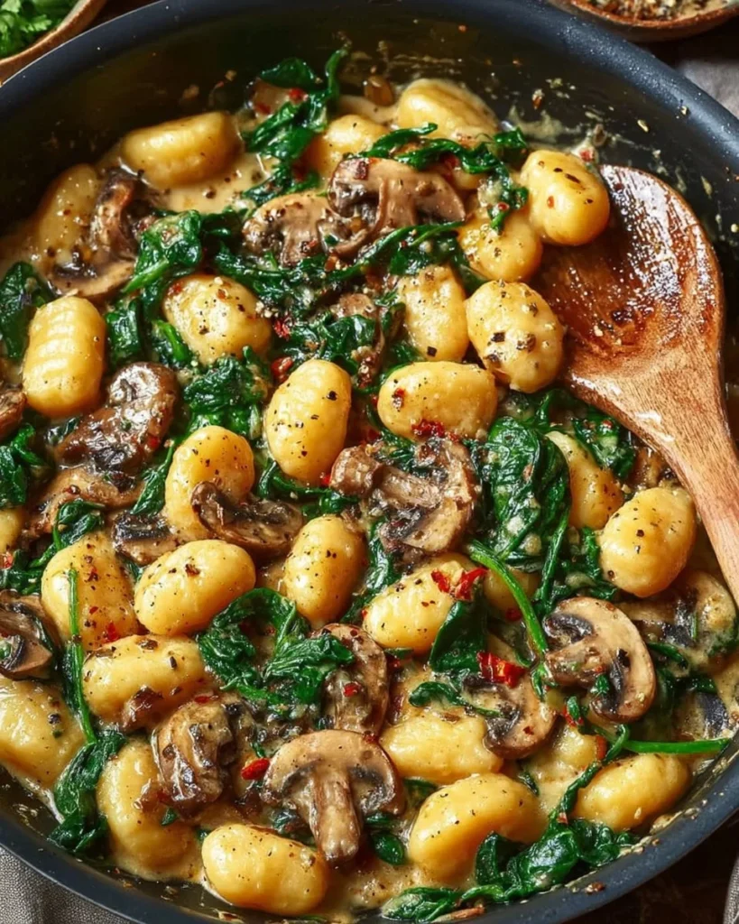 Plate of spinach and mushroom gnocchi served with parmesan cheese