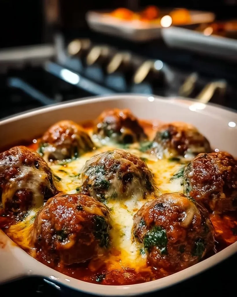 Spinach garlic meatballs stuffed with mozzarella, garnished with herbs.