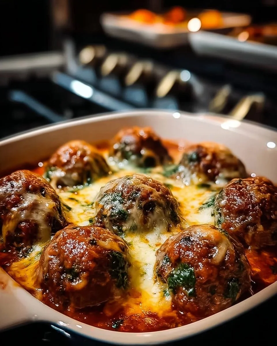 Spinach garlic meatballs stuffed with mozzarella, garnished with herbs.