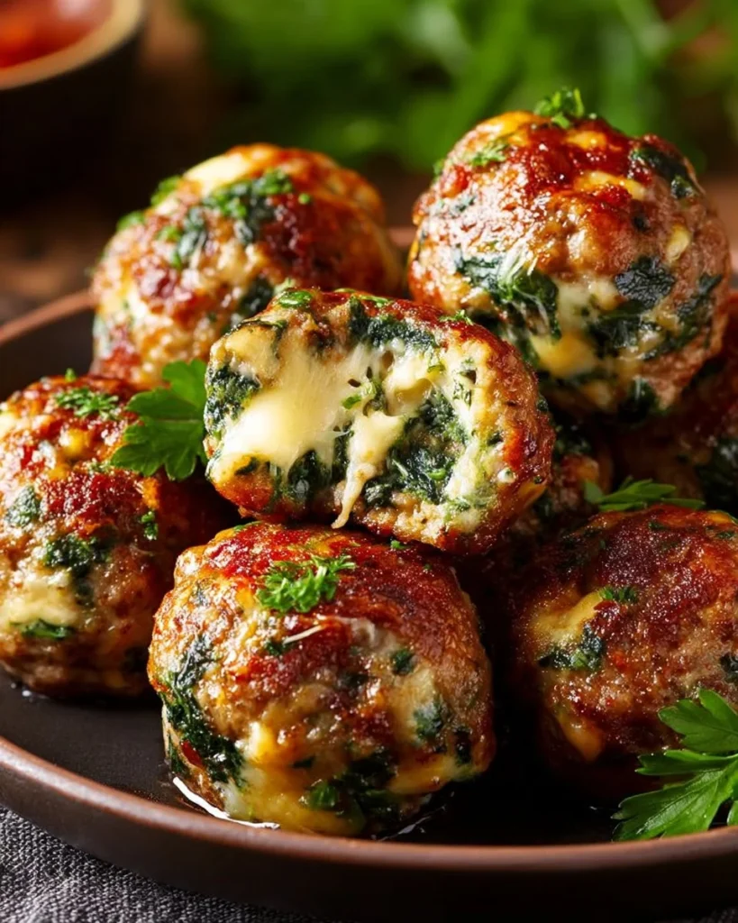 Spinach meatballs filled with mozzarella and garlic, served on a plate.