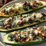 Spinach, mushroom, and ricotta stuffed zucchini boats on a plate