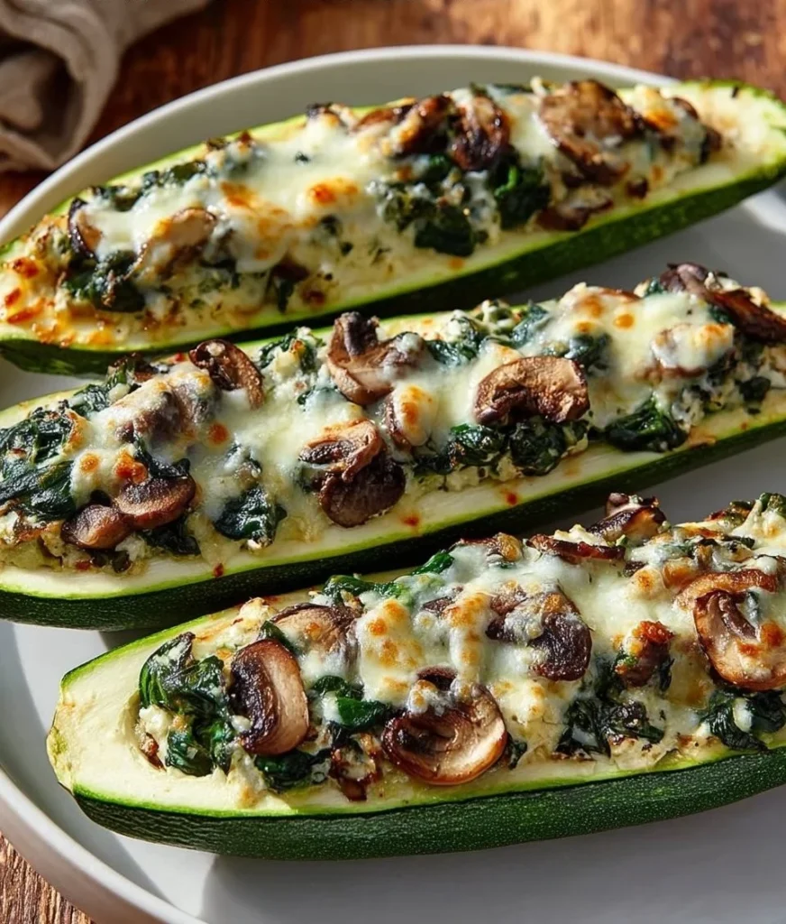 Spinach, mushroom, and ricotta stuffed zucchini boats on a plate