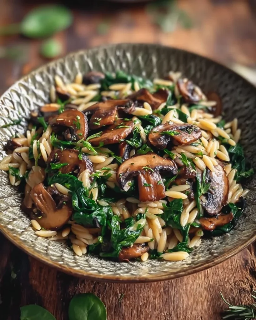 Delicious Spinach Mushroom Orzo dish with fresh vegetables and pasta