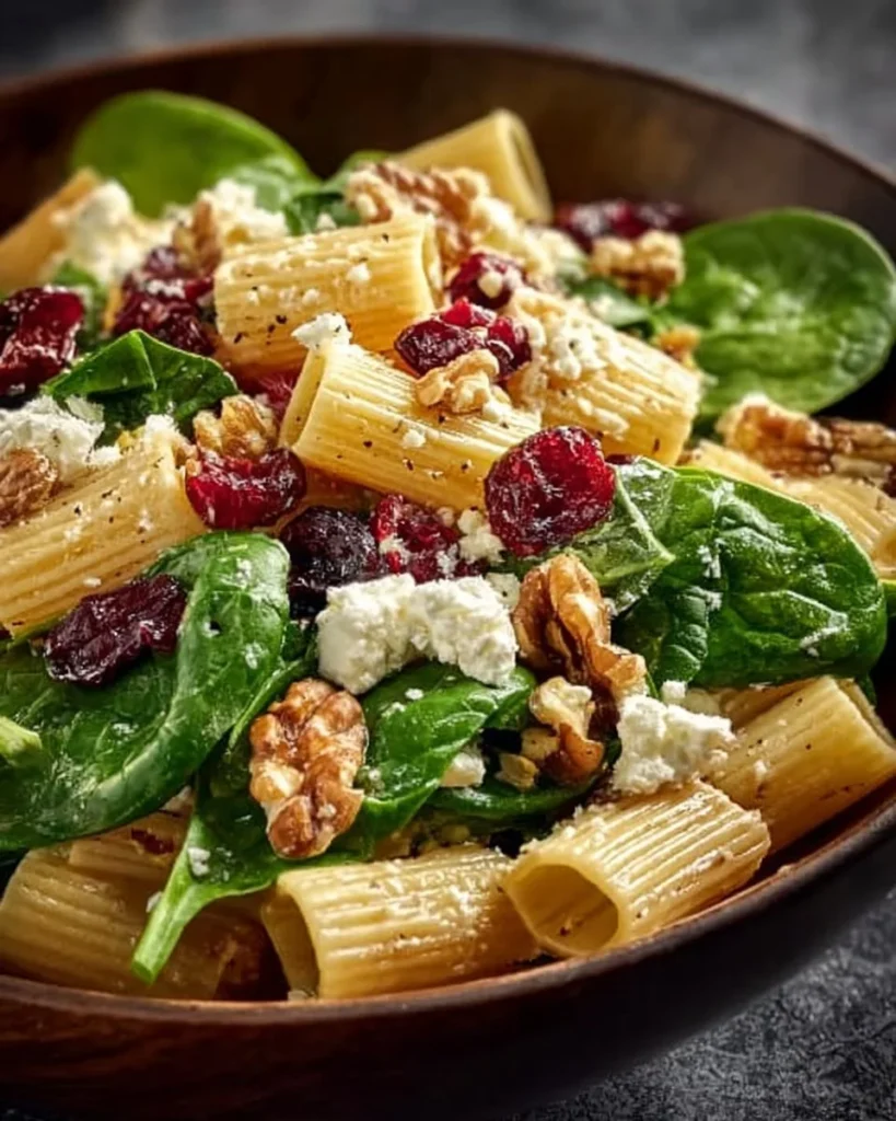 Spinach pasta salad with feta cheese and cranberries in a bowl