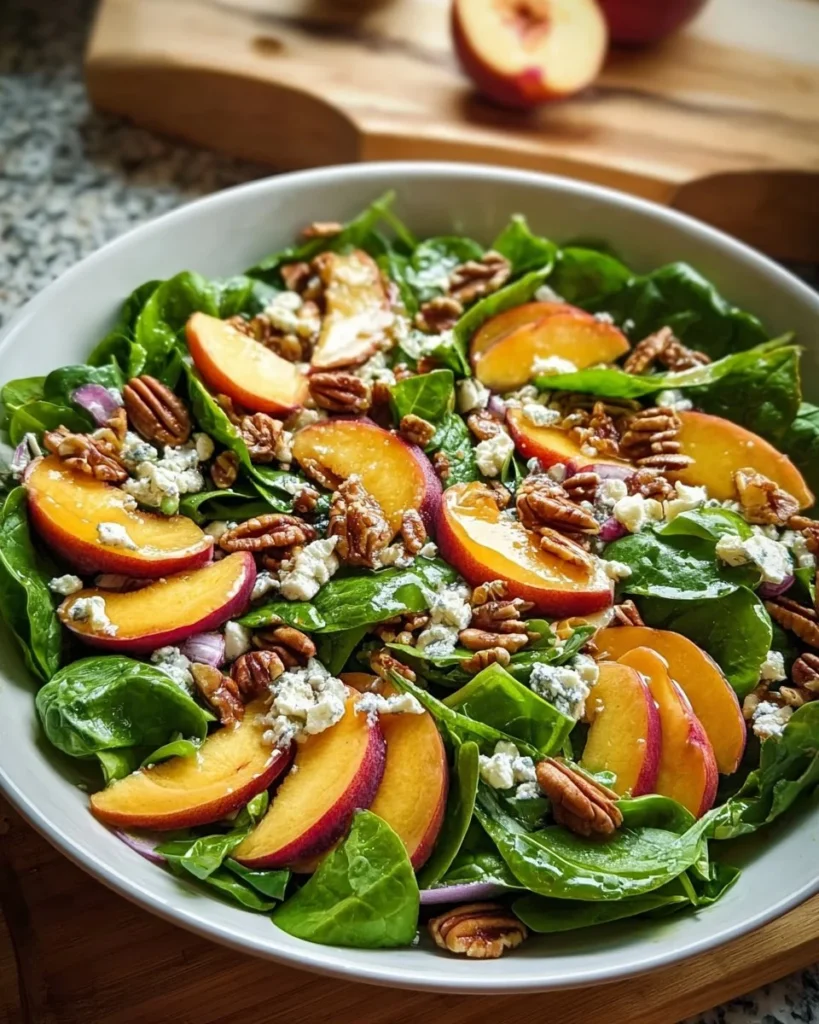 Fresh Spinach Peach Pecan Salad with vibrant greens and juicy fruits