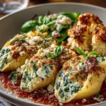 Spinach and ricotta stuffed shells garnished with lemon zest