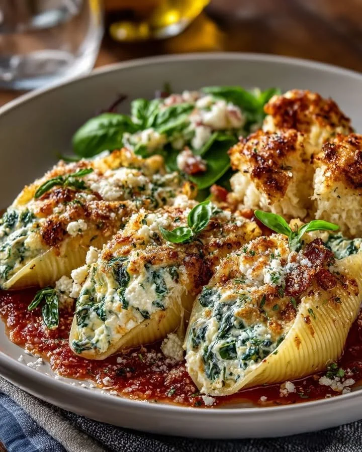 Spinach and ricotta stuffed shells garnished with lemon zest