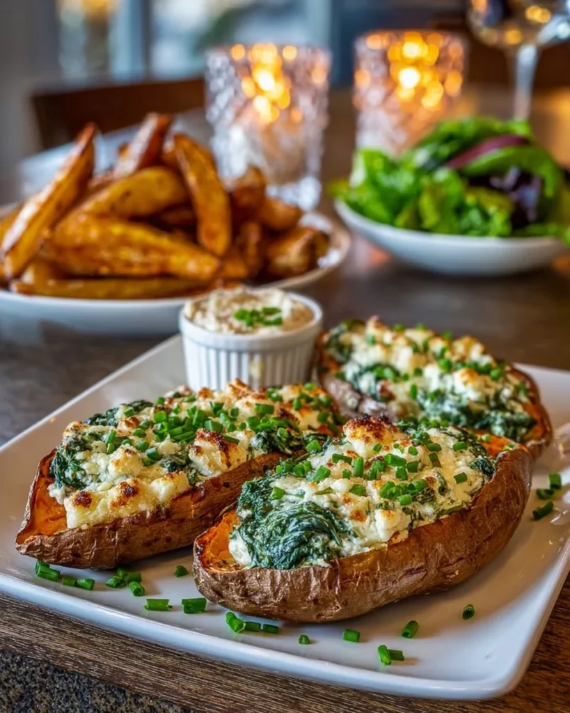 Spinach and ricotta stuffed sweet potatoes with herb drizzle on a plate