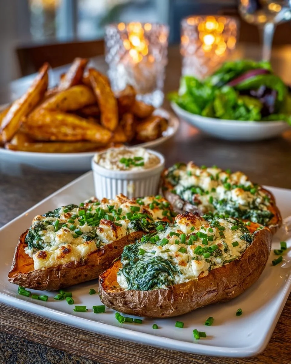 Spinach and ricotta stuffed sweet potatoes with herb drizzle on a plate