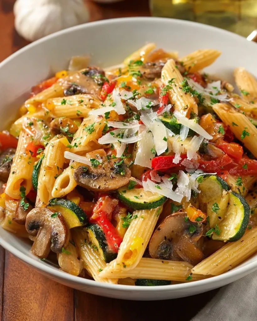 A bowl of colorful spring pasta with fresh vegetables and herbs.