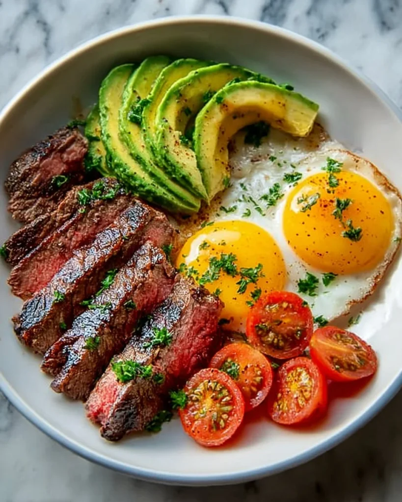 Steak and Egg Power Bowl with fresh ingredients and vibrant colors