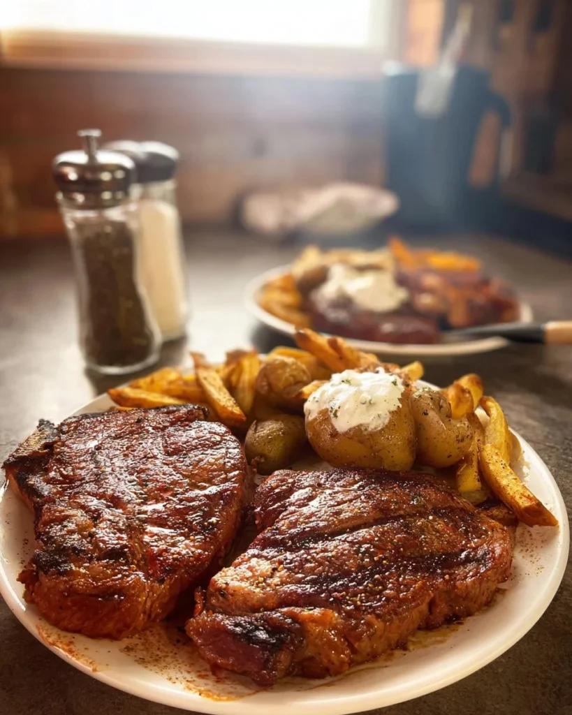 Delicious steak dinner with sides and sauces on a dining table