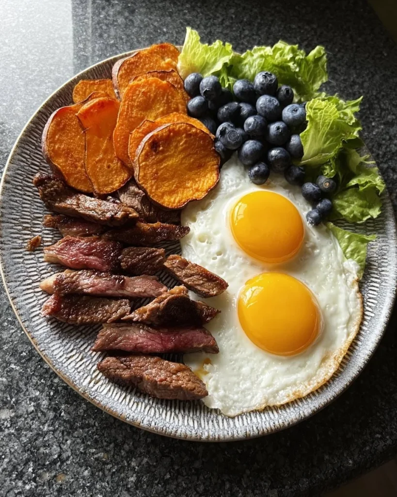 Delicious Steak & Eggs Power Breakfast Plate with steak, eggs, and garnish