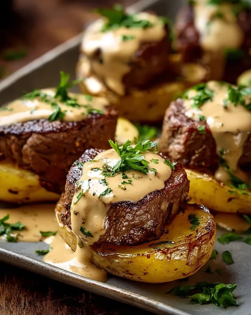 Steak-stuffed baked potatoes topped with Parmesan cream sauce on a plate.