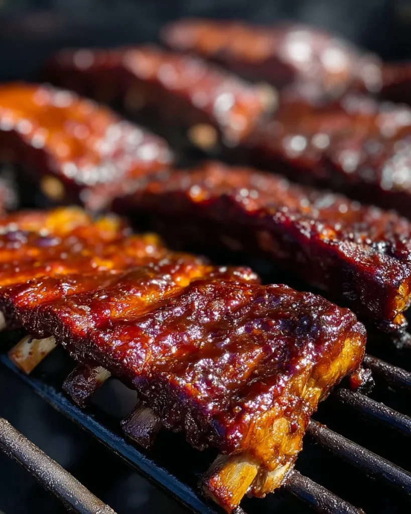 Delicious Sticky BBQ Baby Back Ribs on a grill, ready to serve.