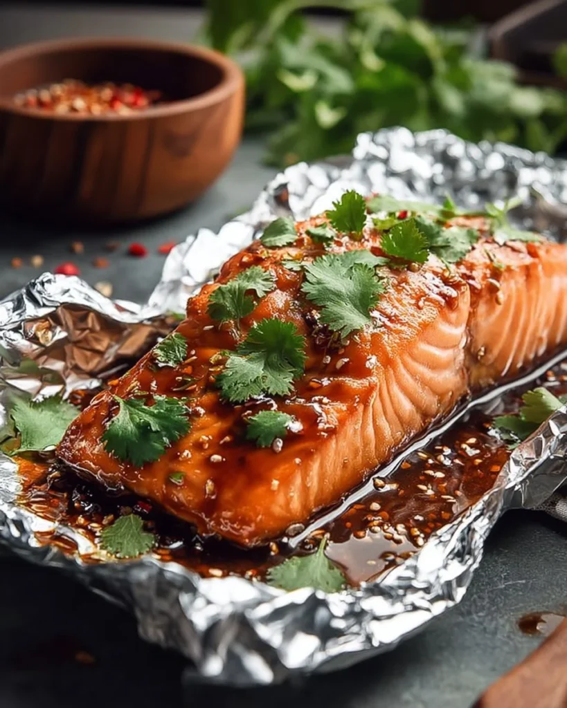 Delicious sticky glazed baked salmon served on a plate with fresh herbs.