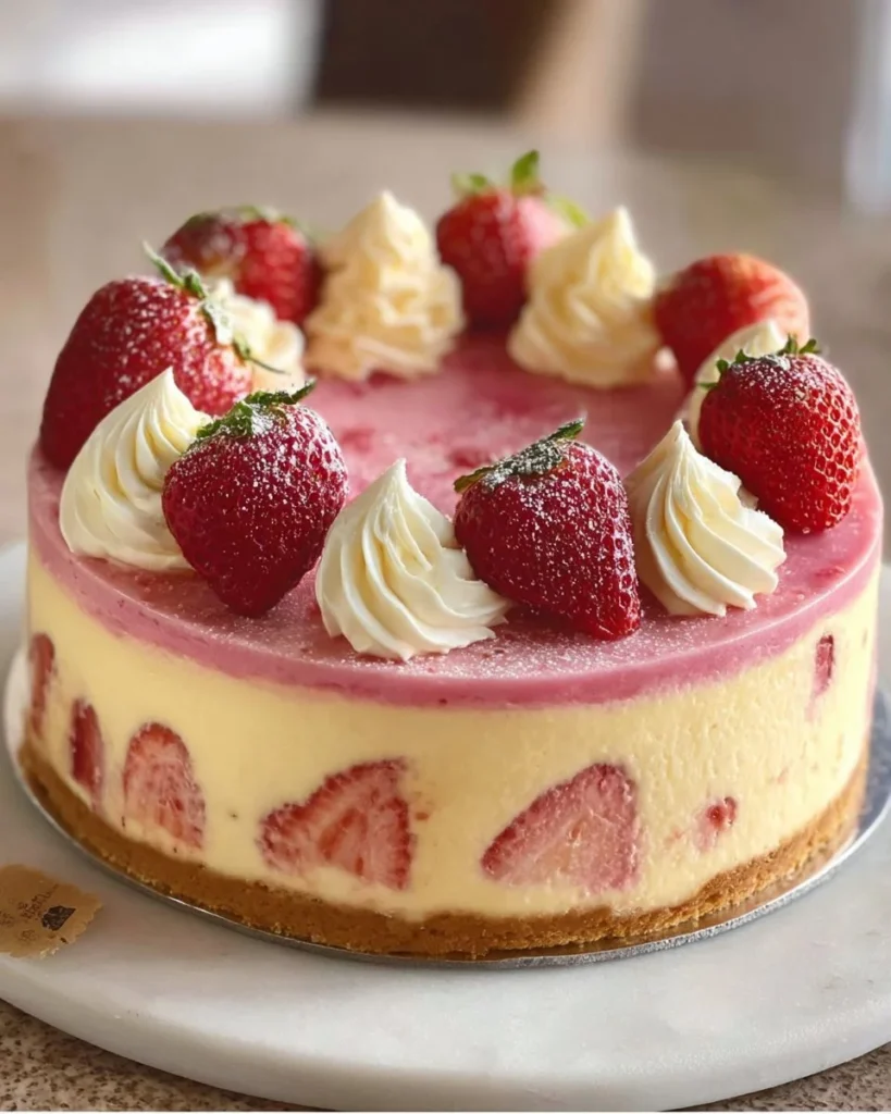 Delicious strawberries and cream cheesecake topped with fresh strawberries