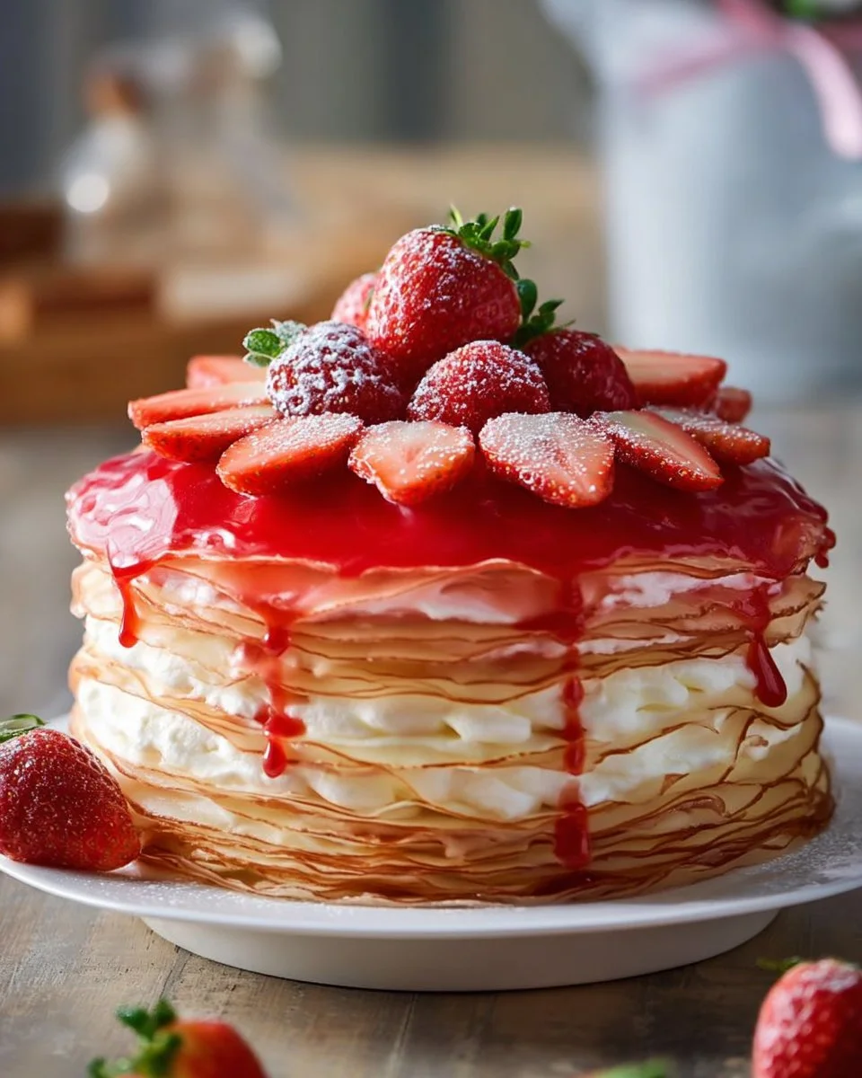 Strawberries and cream crepe cake with fresh strawberries on top