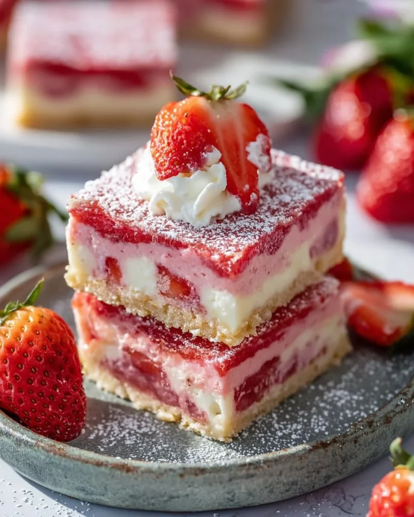 Strawberries and Cream Magic Bars displayed on a serving plate