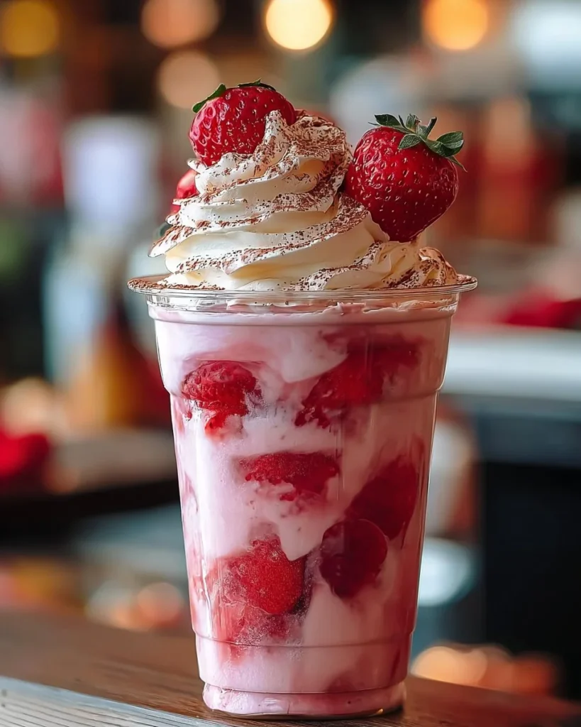 Strawberries & Cream Frappuccino topped with whipped cream and strawberries