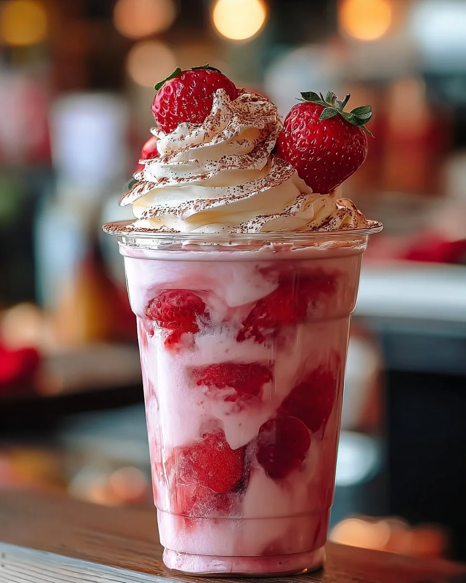 Strawberries & Cream Frappuccino topped with whipped cream and strawberries